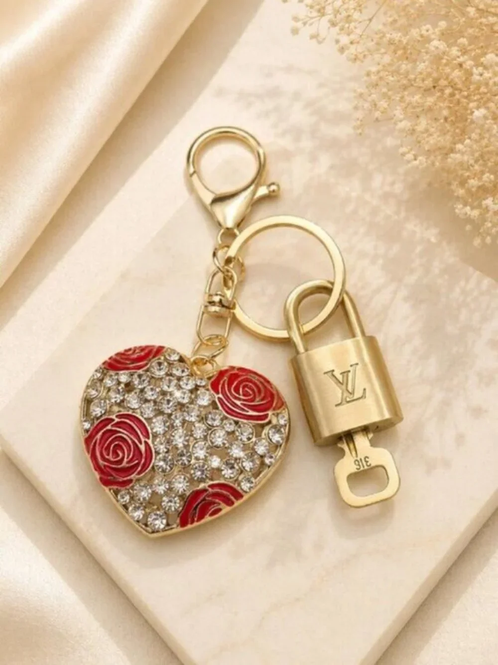 Louis Vuitton Authentic Gold Padlock 🔒Key + Unbranded Heart Keychain Bag Charm